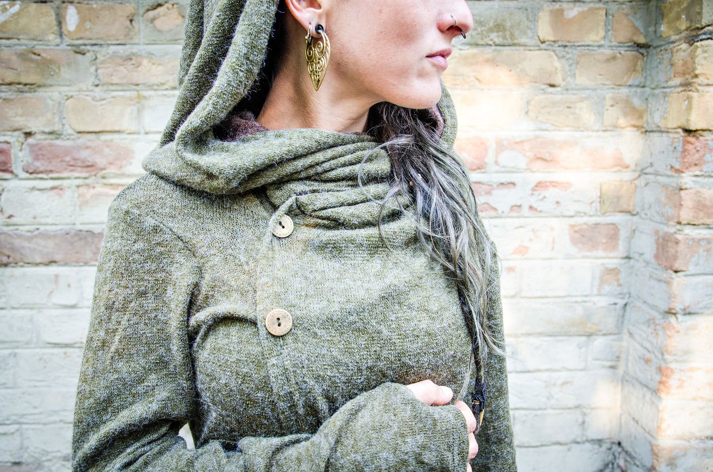 Cardigan with Pockets - Wrap Jacket with Large Hood, Thumbholes and Pockets - green-brown