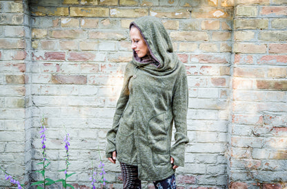 Cardigan with Pockets - Wrap Jacket with Large Hood, Thumbholes and Pockets - green-brown