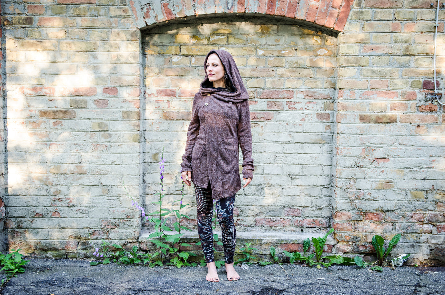 Cardigan with Pockets - Wrap Jacket with Large Hood, Thumbholes and Pockets - brown-black