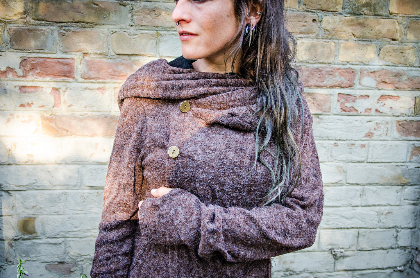 Cardigan with Pockets - Wrap Jacket with Large Hood, Thumbholes and Pockets - brown-black