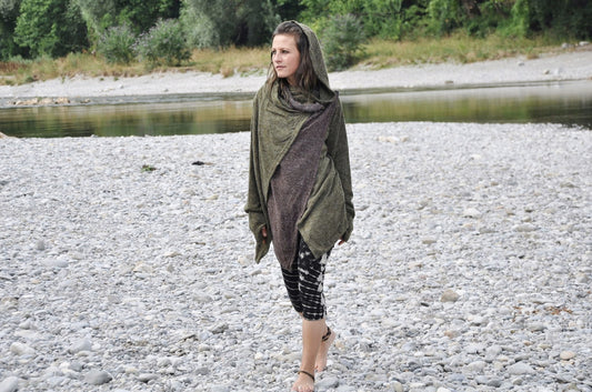 Cardigan Two Ply - Wrap Jacket with Large Hood and Thumbholes - olive green-brown