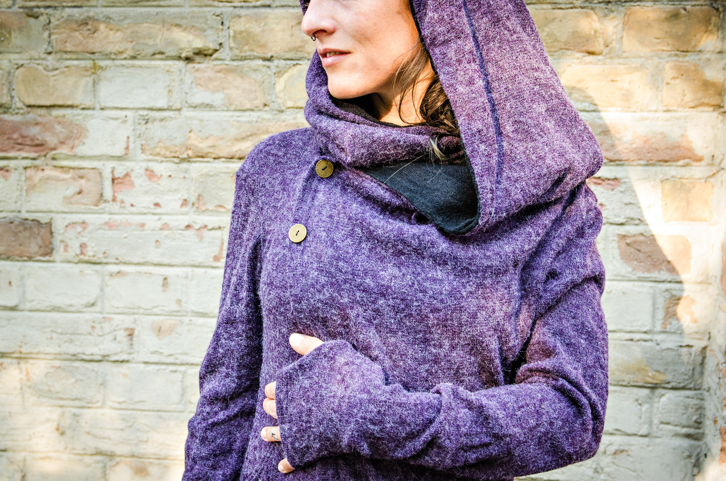 Cardigan with Pockets - Wrap Jacket with Large Hood, Thumbholes and Pockets - purple-black