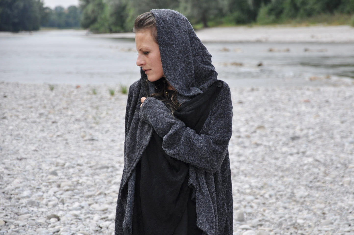 Cardigan Two-Ply - Wrap Jacket with Large Hood and Thumbholes - gray-black