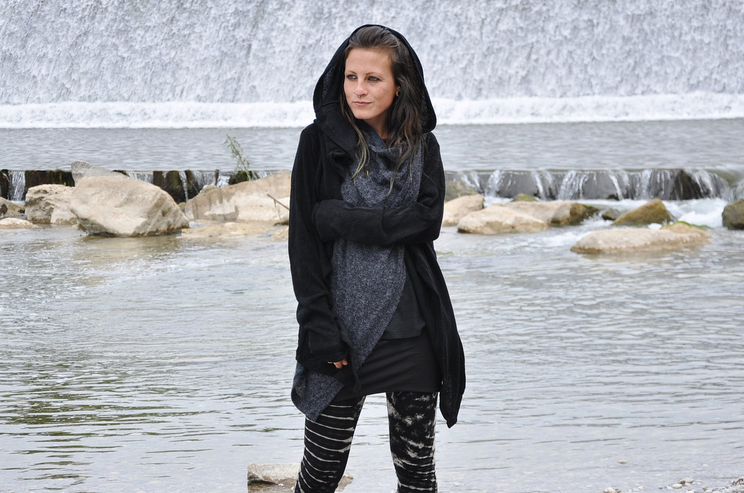 Cardigan Two Ply - Wrap Jacket with Large Hood and Thumbholes - black-gray