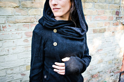 Cardigan with Pockets - Wrap Jacket with Large Hood, Thumbholes and Pockets - black-gray