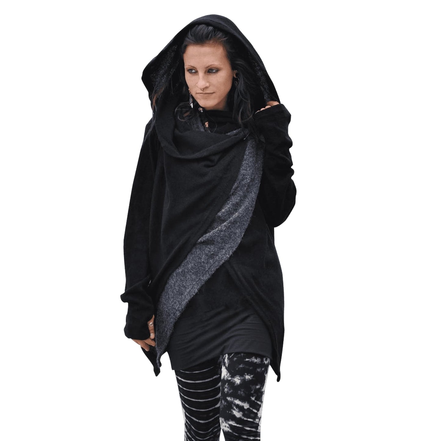 Cardigan Two Ply - Wrap Jacket with Large Hood and Thumbholes - black-gray