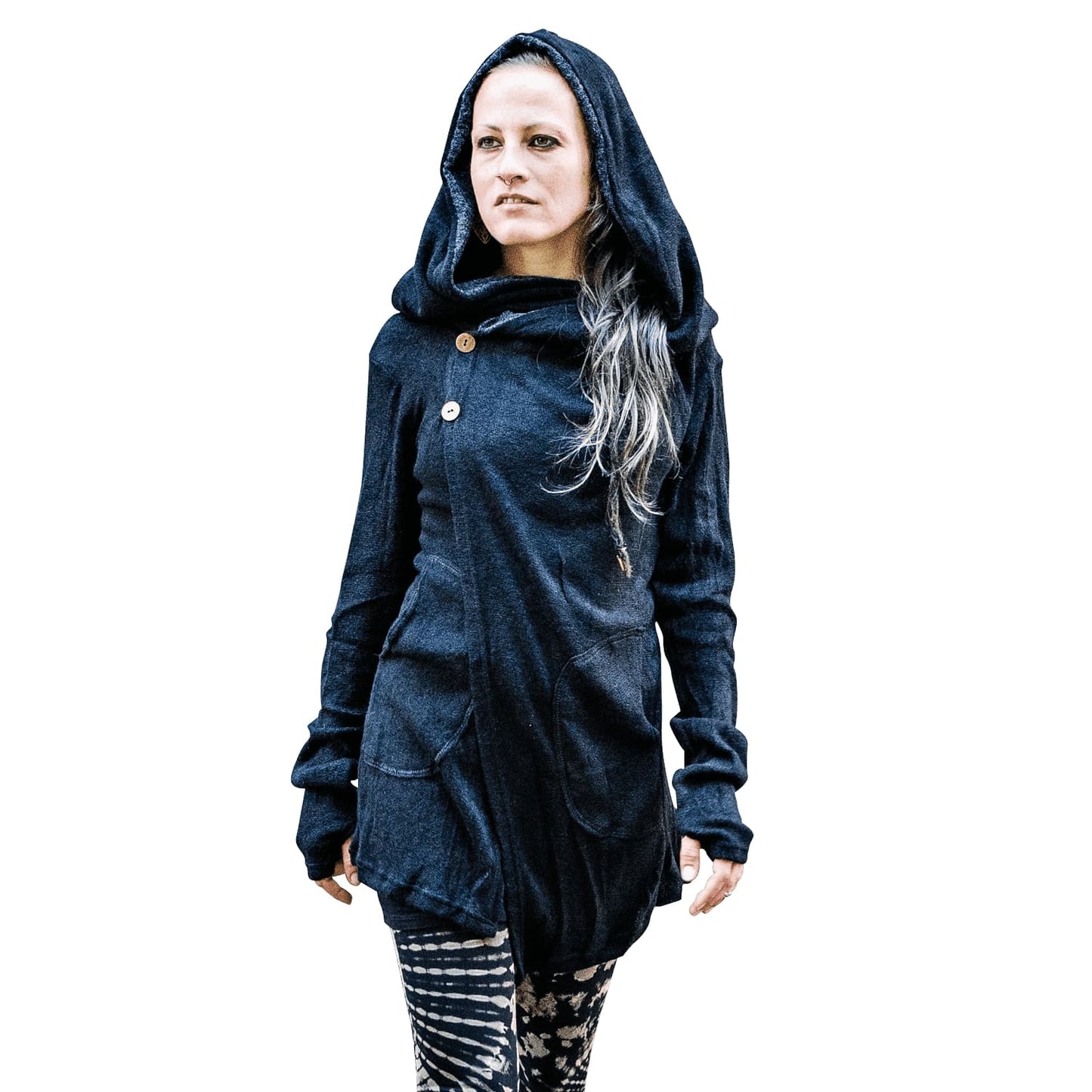 Cardigan with Pockets - Wrap Jacket with Large Hood, Thumbholes and Pockets - black-gray