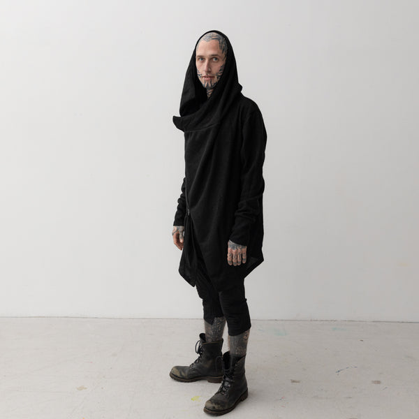 Cardigan - Knitted Coat, with diagonal zipper and hood - black