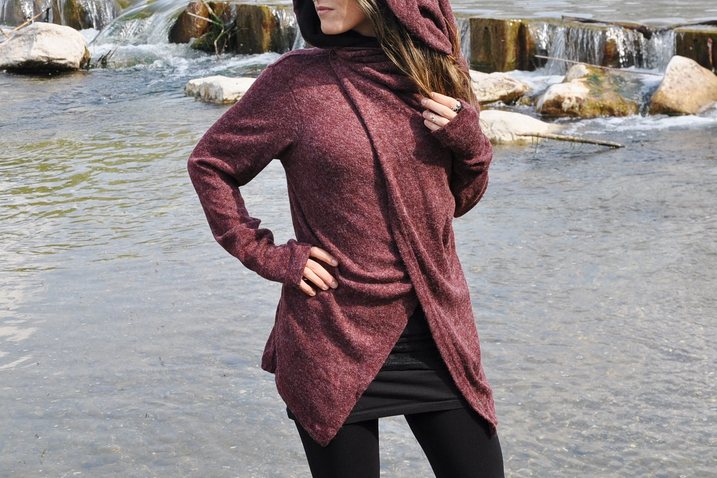 Cardigan Hip-Length - Wrap Jacket with Cowl Neck and Thumbholes - mahonany-black