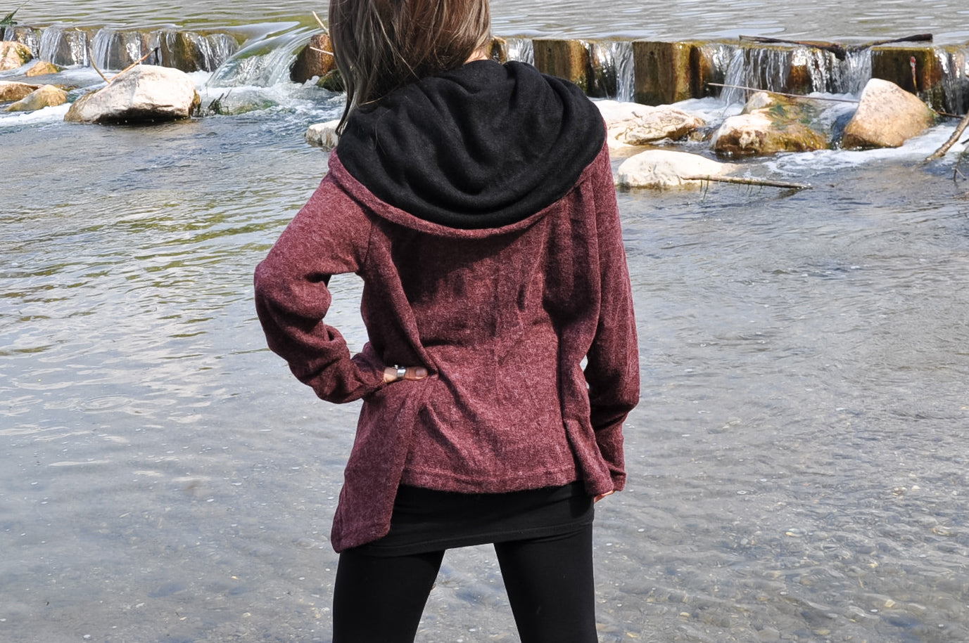 Cardigan Hip-Length - Wrap Jacket with Cowl Neck and Thumbholes - mahonany-black