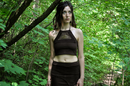 Neckholder Crop Top with Brass Details - brown