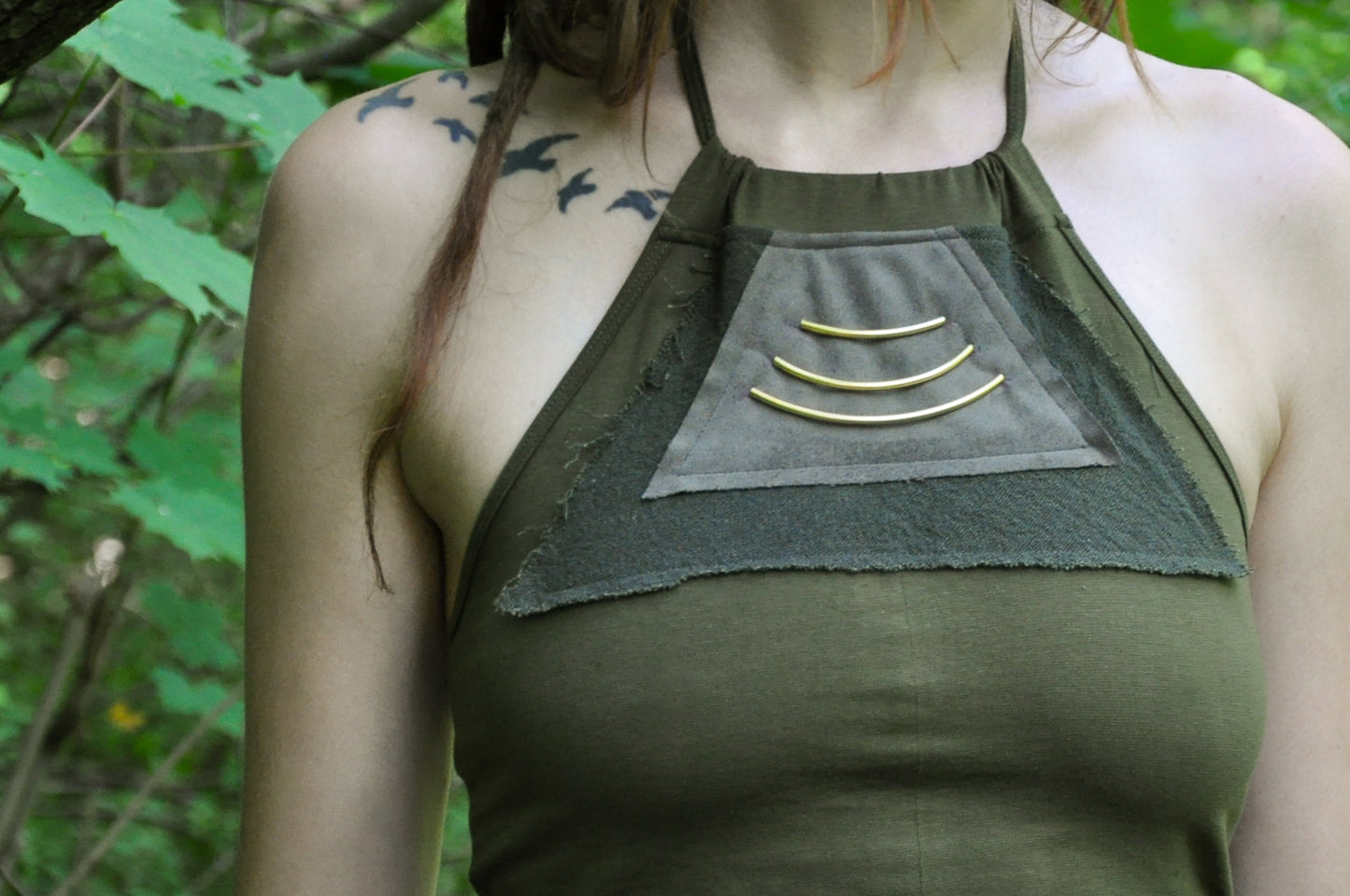 Neckholder Crop Top with Brass Details - olive green