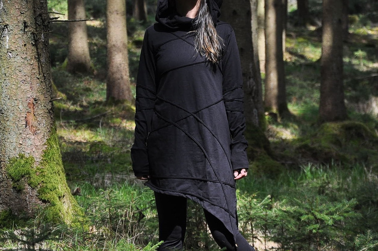 Long Sleeved Hoodie Dress - with Pointed Hem, Brass Bell and Thumbholes - mystic black