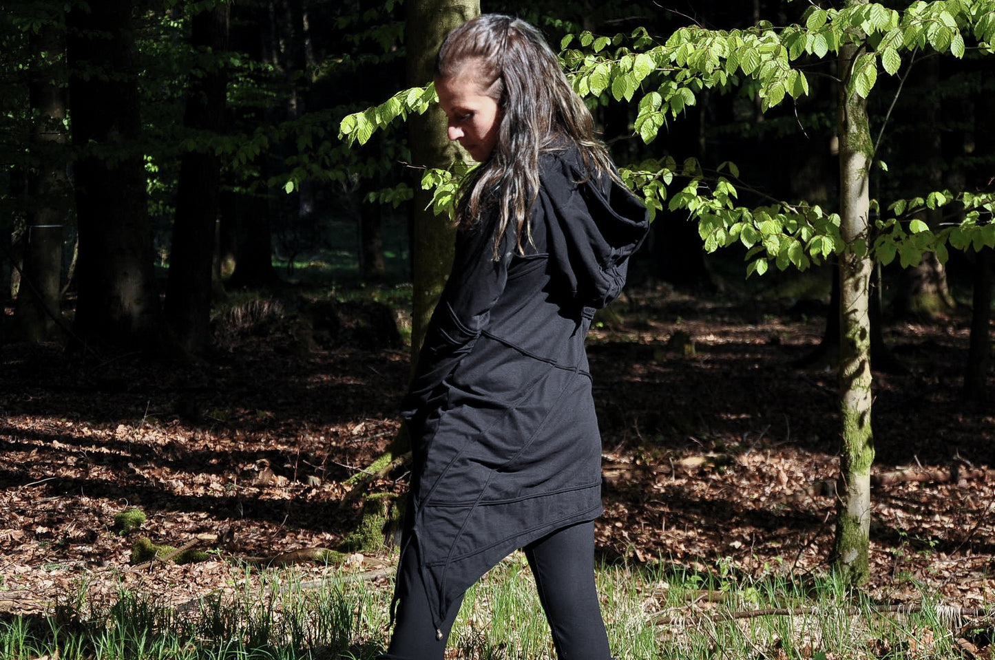 Long Sleeved Hoodie Dress - with Pointed Hem, Brass Bell and Thumbholes - mystic black