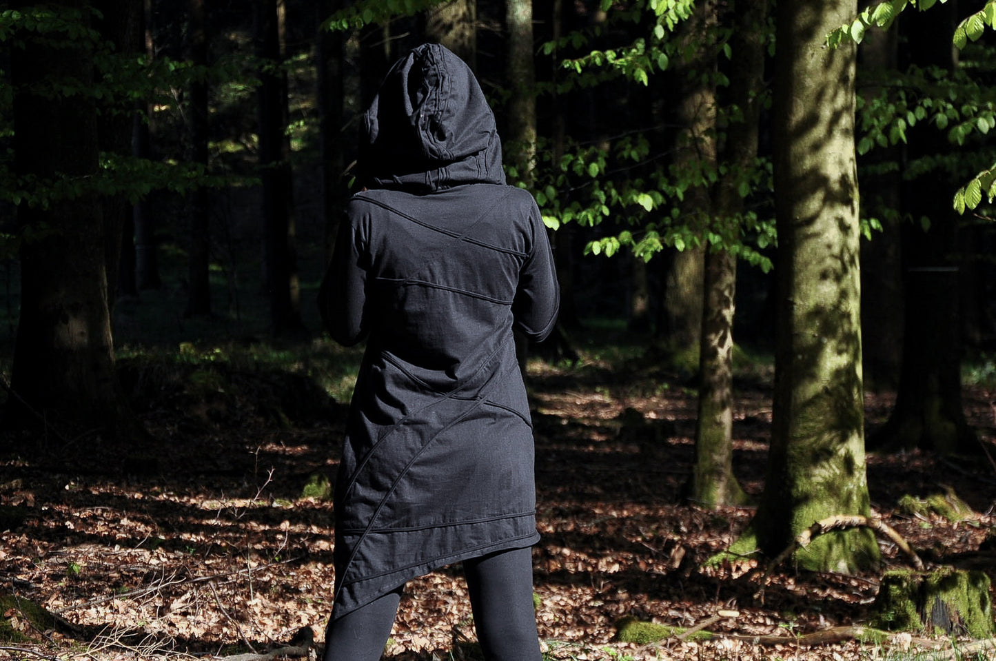 Long Sleeved Hoodie Dress - with Pointed Hem, Brass Bell and Thumbholes - mystic black