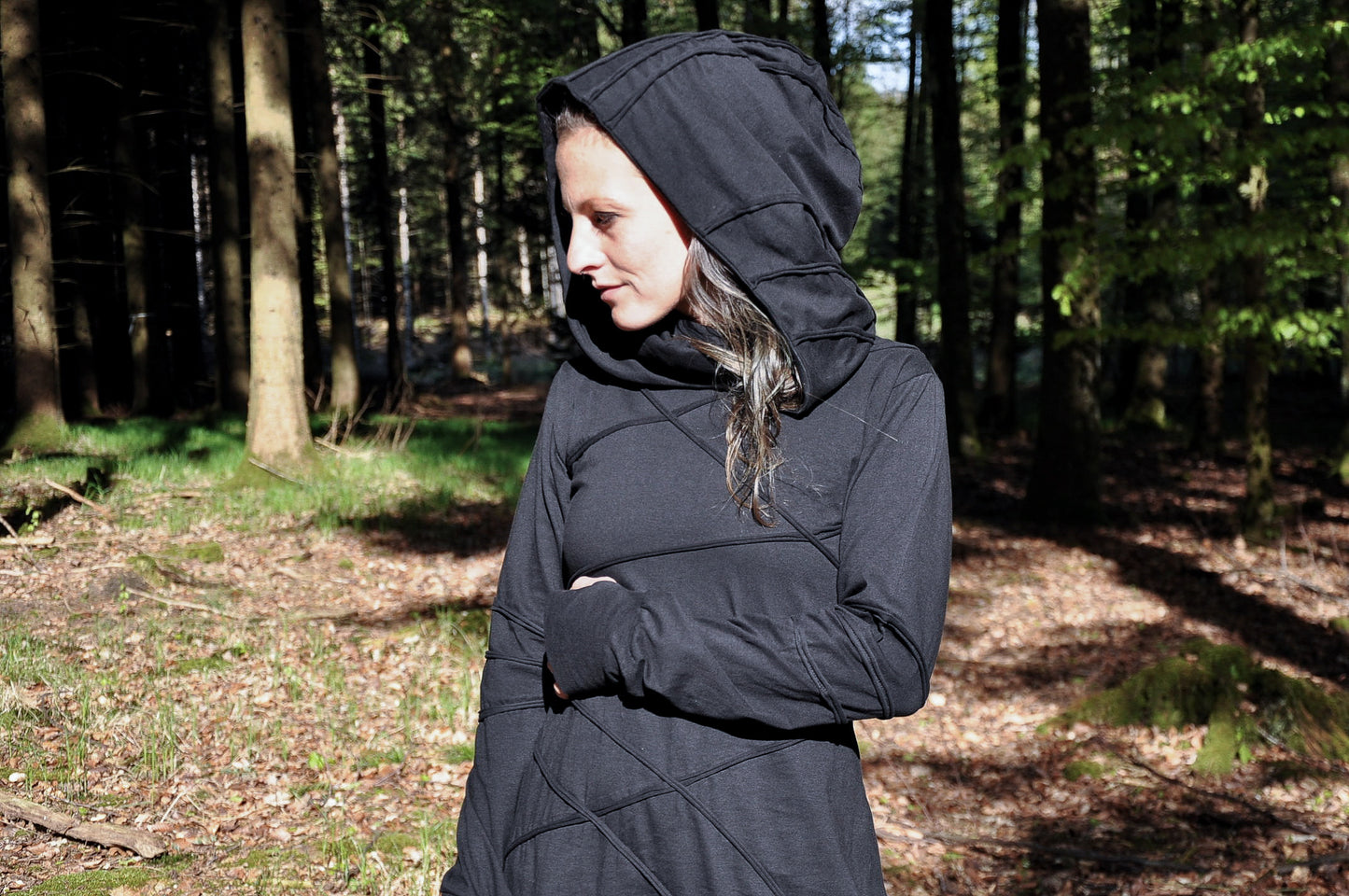 Long Sleeved Hoodie Dress - with Pointed Hem, Brass Bell and Thumbholes - mystic black