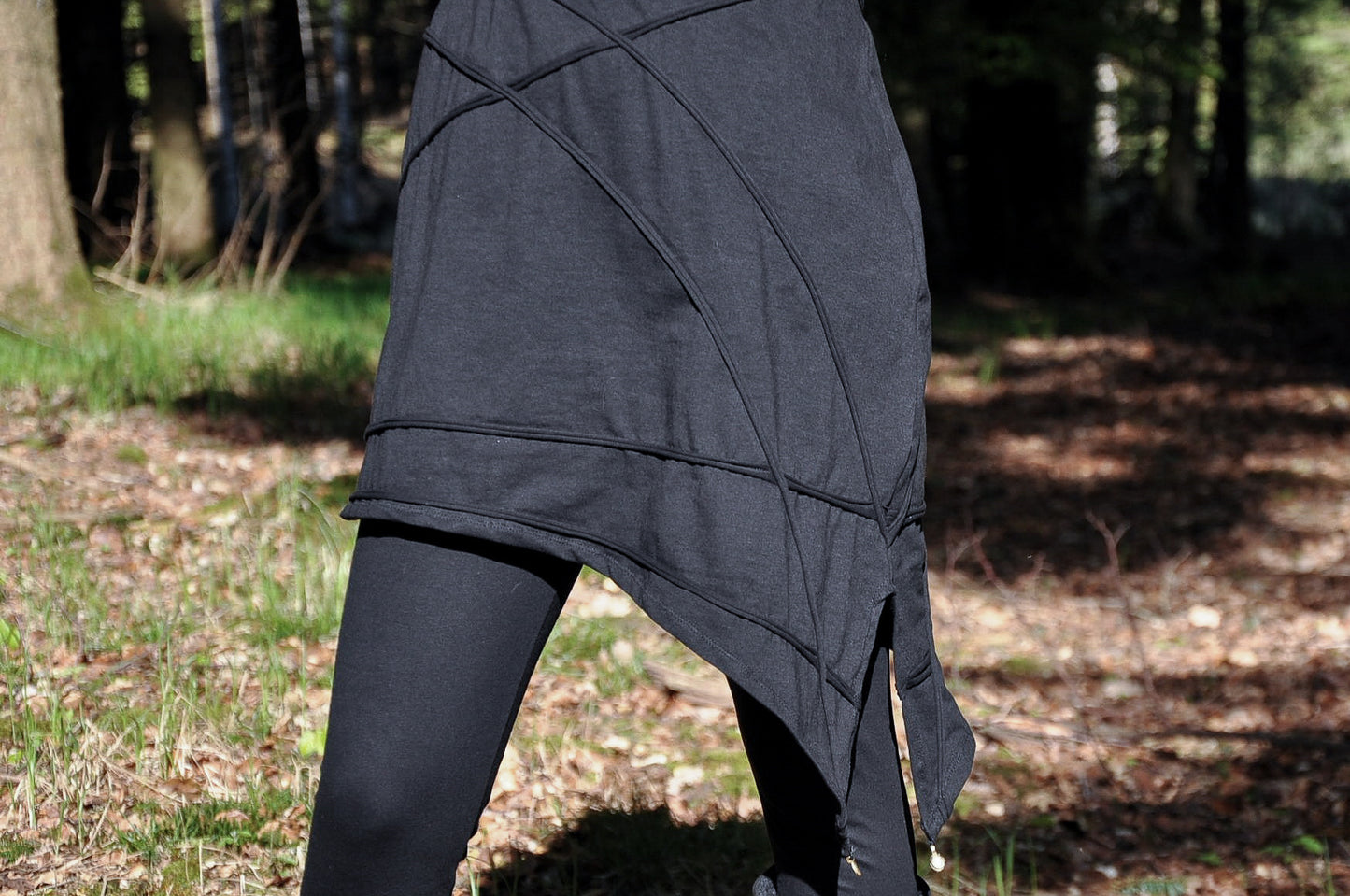 Long Sleeved Hoodie Dress - with Pointed Hem, Brass Bell and Thumbholes - mystic black