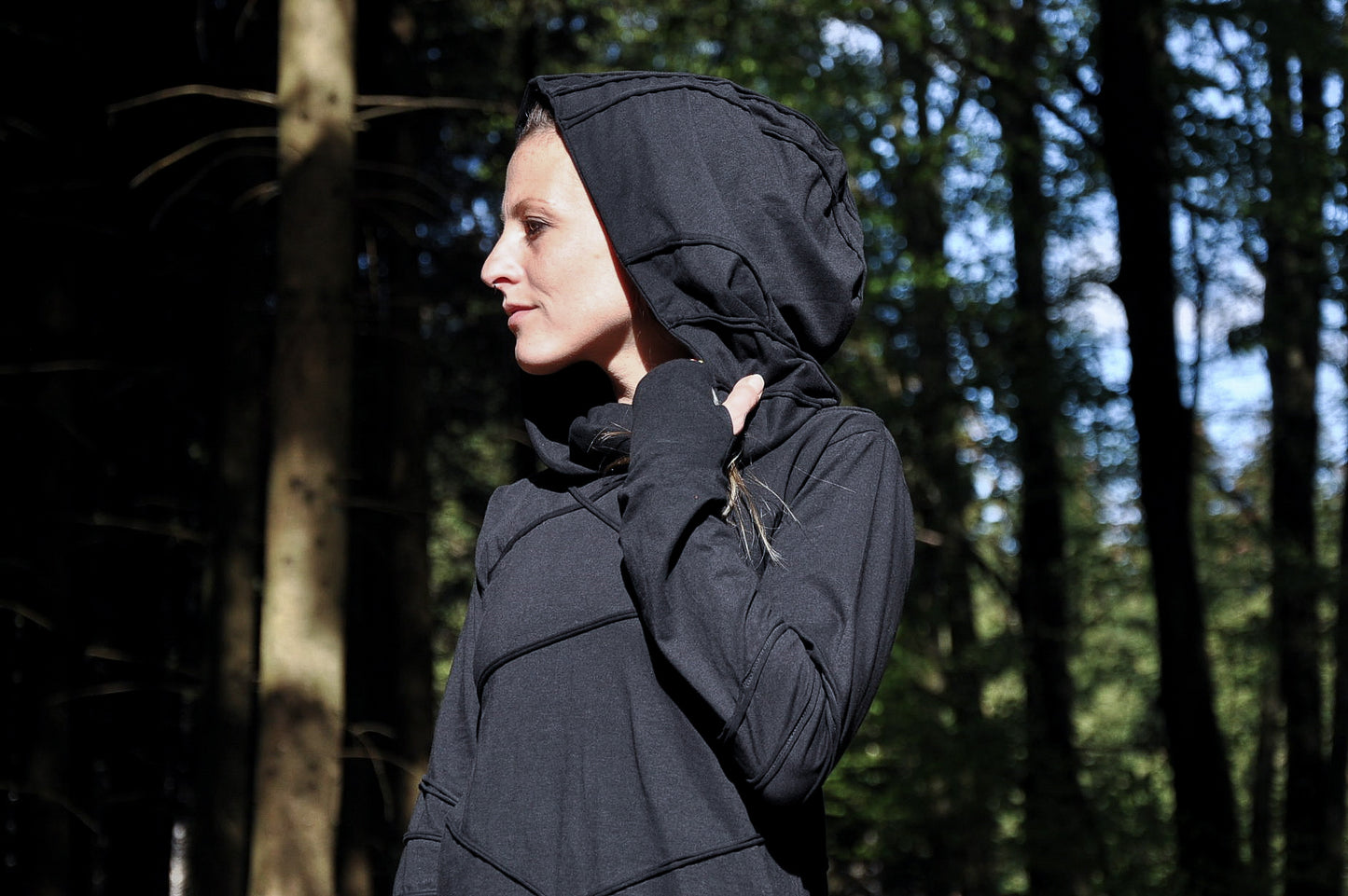 Long Sleeved Hoodie Dress - with Pointed Hem, Brass Bell and Thumbholes - mystic black