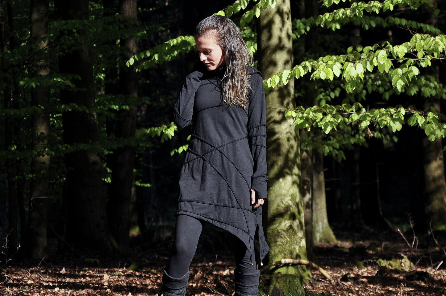 Long Sleeved Hoodie Dress - with Pointed Hem, Brass Bell and Thumbholes - mystic black