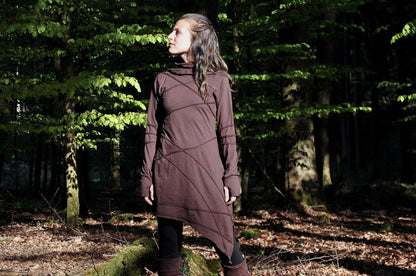 Long Sleeved Hoodie Dress - with Pointed Hem, Brass Bell and Thumbholes - brown