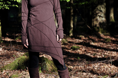 Long Sleeved Hoodie Dress - with Pointed Hem, Brass Bell and Thumbholes - brown