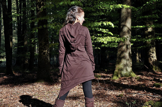 Long Sleeved Hoodie Dress - with Pointed Hem, Brass Bell and Thumbholes - brown