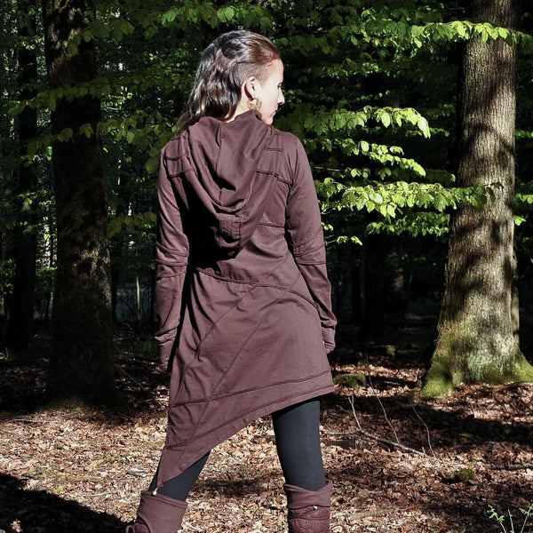 Long Sleeved Hoodie Dress - with Pointed Hem, Brass Bell and Thumbholes - brown