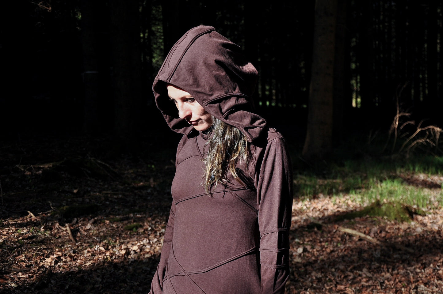 Long Sleeved Hoodie Dress - with Pointed Hem, Brass Bell and Thumbholes - brown