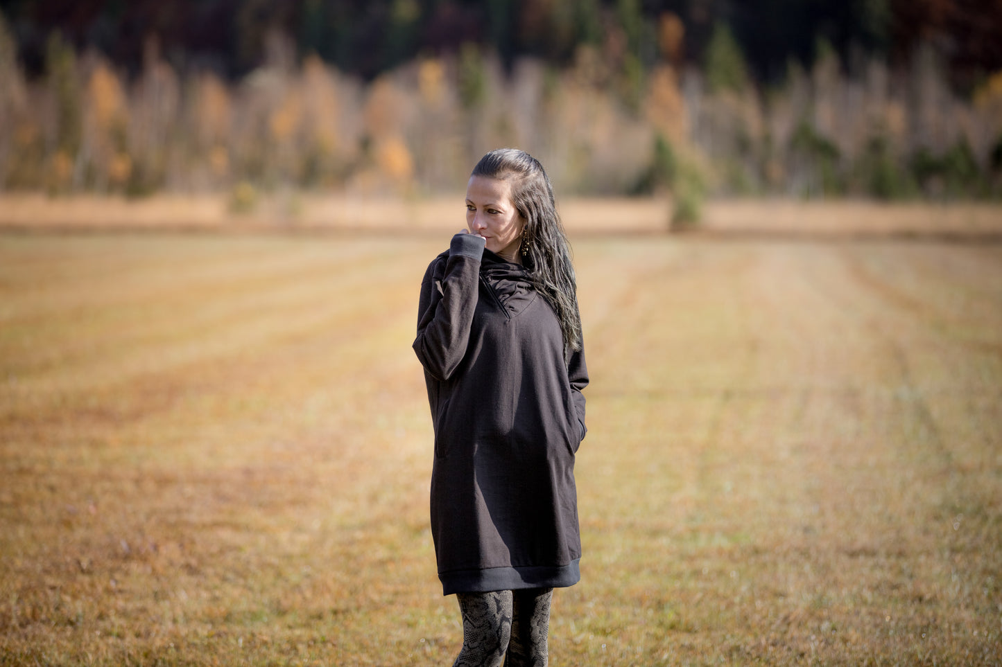 Pullover Dress with large Hood and Pockets - Secret Pocket - black