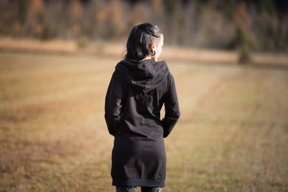 Pullover Dress with large Hood and Pockets - Secret Pocket - black