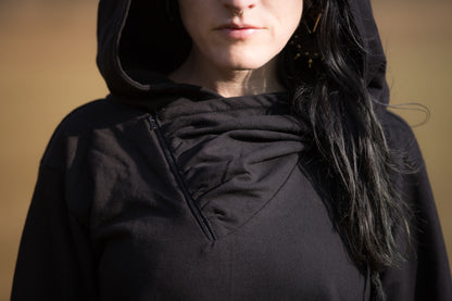 Pullover Dress with large Hood and Pockets - Secret Pocket - black