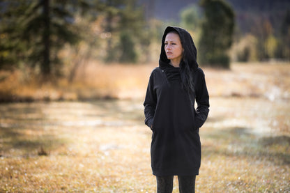 Pullover Dress with large Hood and Pockets - Secret Pocket - black