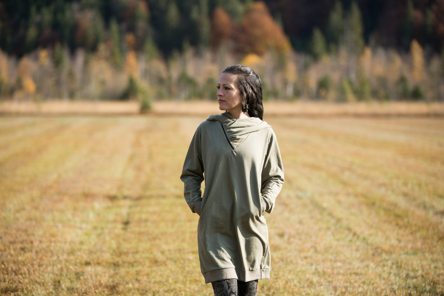 Pullover Dress with large Hood and Pockets - Secret Pocket - light olive green