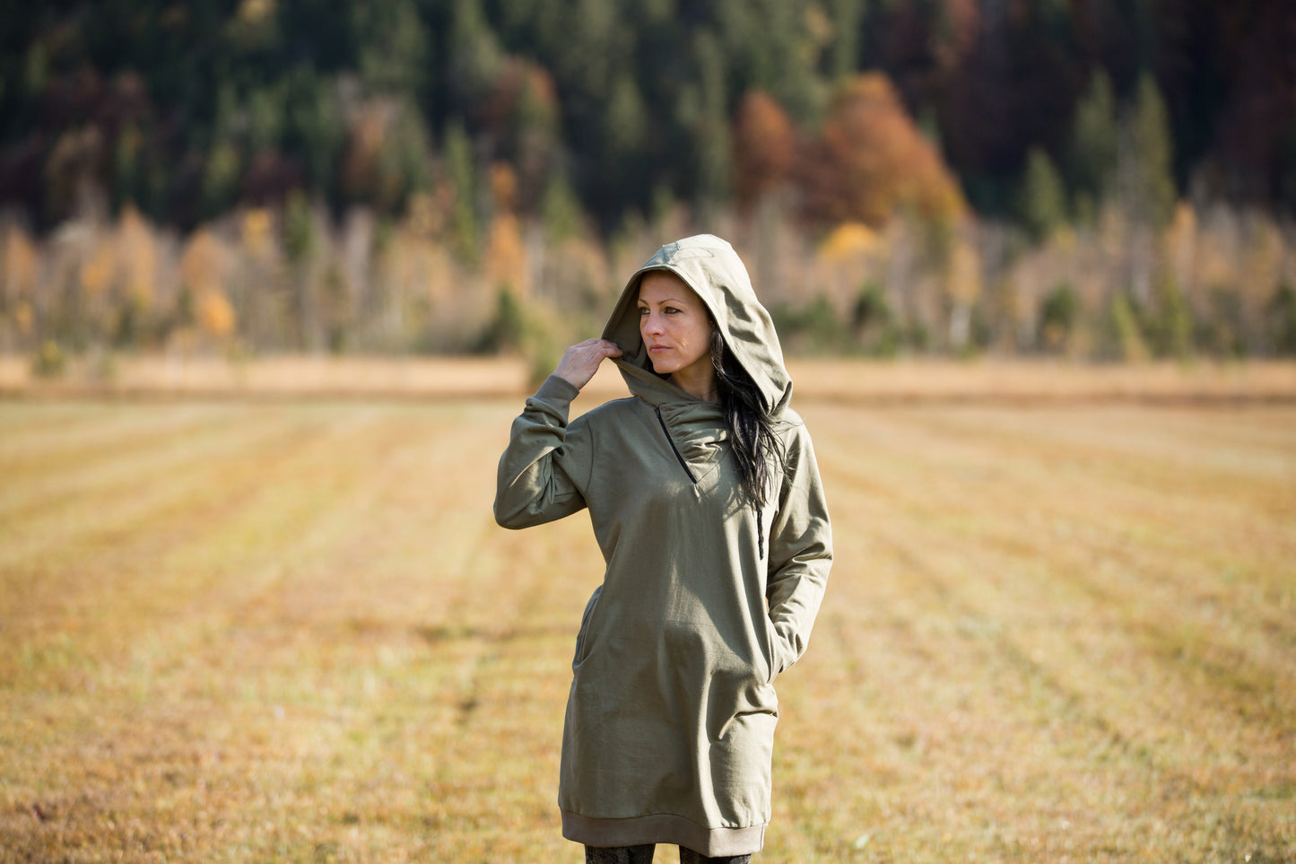 Pullover Dress with large Hood and Pockets - Secret Pocket - light olive green