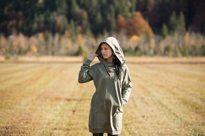 Pullover Dress with large Hood and Pockets - Secret Pocket - light olive green