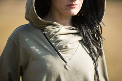 Pullover Dress with large Hood and Pockets - Secret Pocket - light olive green