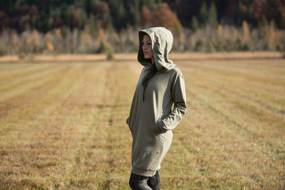 Pullover Dress with large Hood and Pockets - Secret Pocket - light olive green