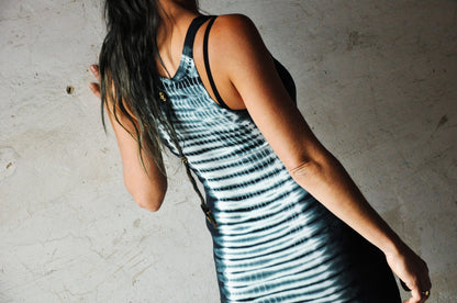 Mini dress with Tie-Dye striped pattern - Long Top - Batik - blue