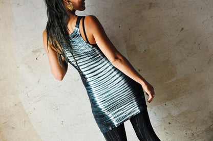 Mini dress with Tie-Dye striped pattern - Long Top - Batik - blue