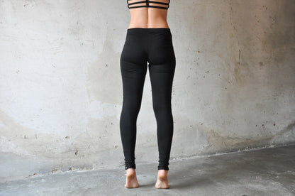 Leggings with Artificial Leather and Seams - black