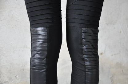 Leggings with Artificial Leather and Seams - black