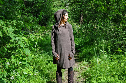 Knitted Coat with Defect - Between-Seasons Coat with Large Hood - brown
