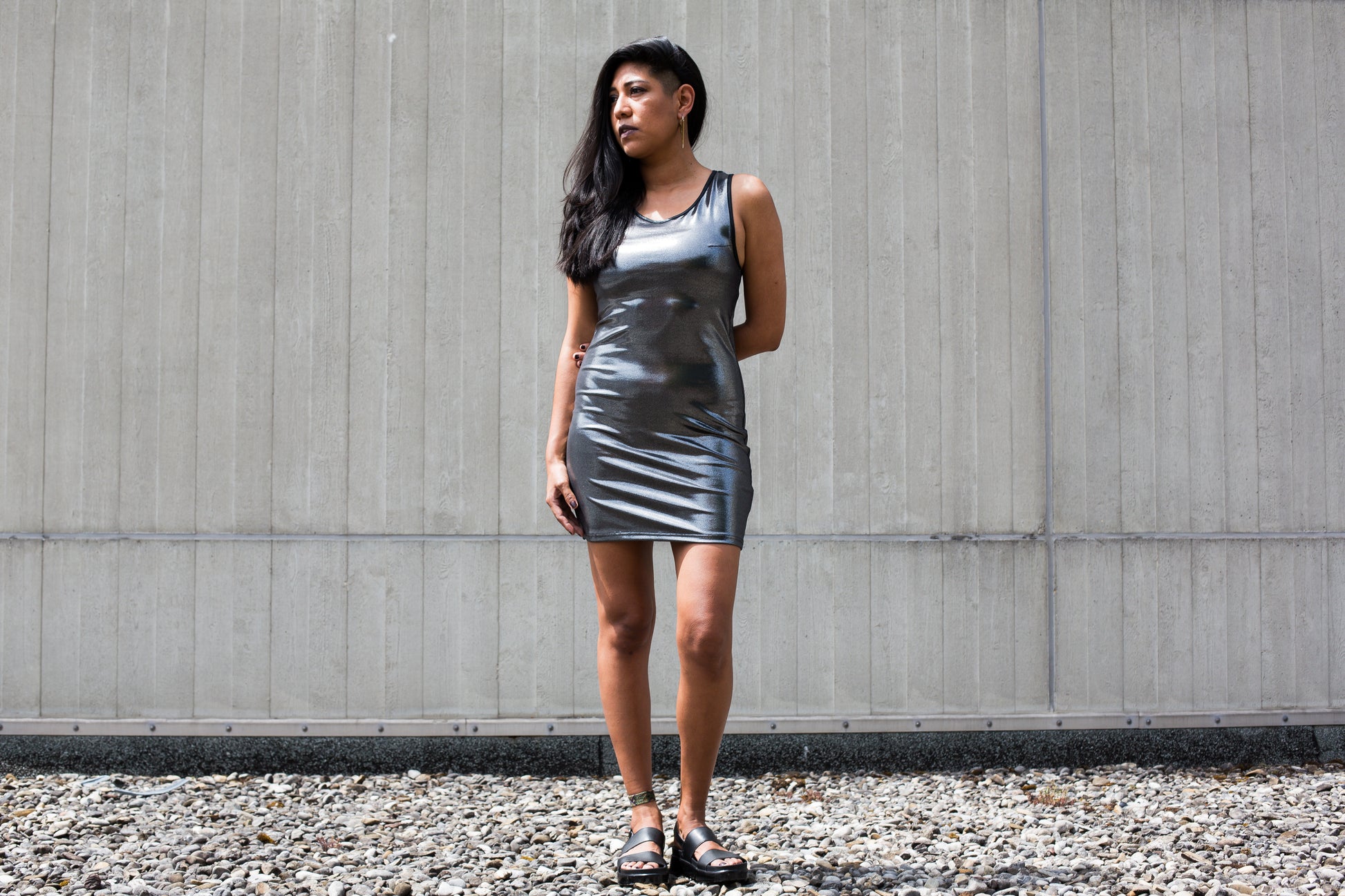 silver wet dress Sxiwei Women's Wet Look Pleated Dress High Waist Holographic Back Zipper Disco Dress Silver XL