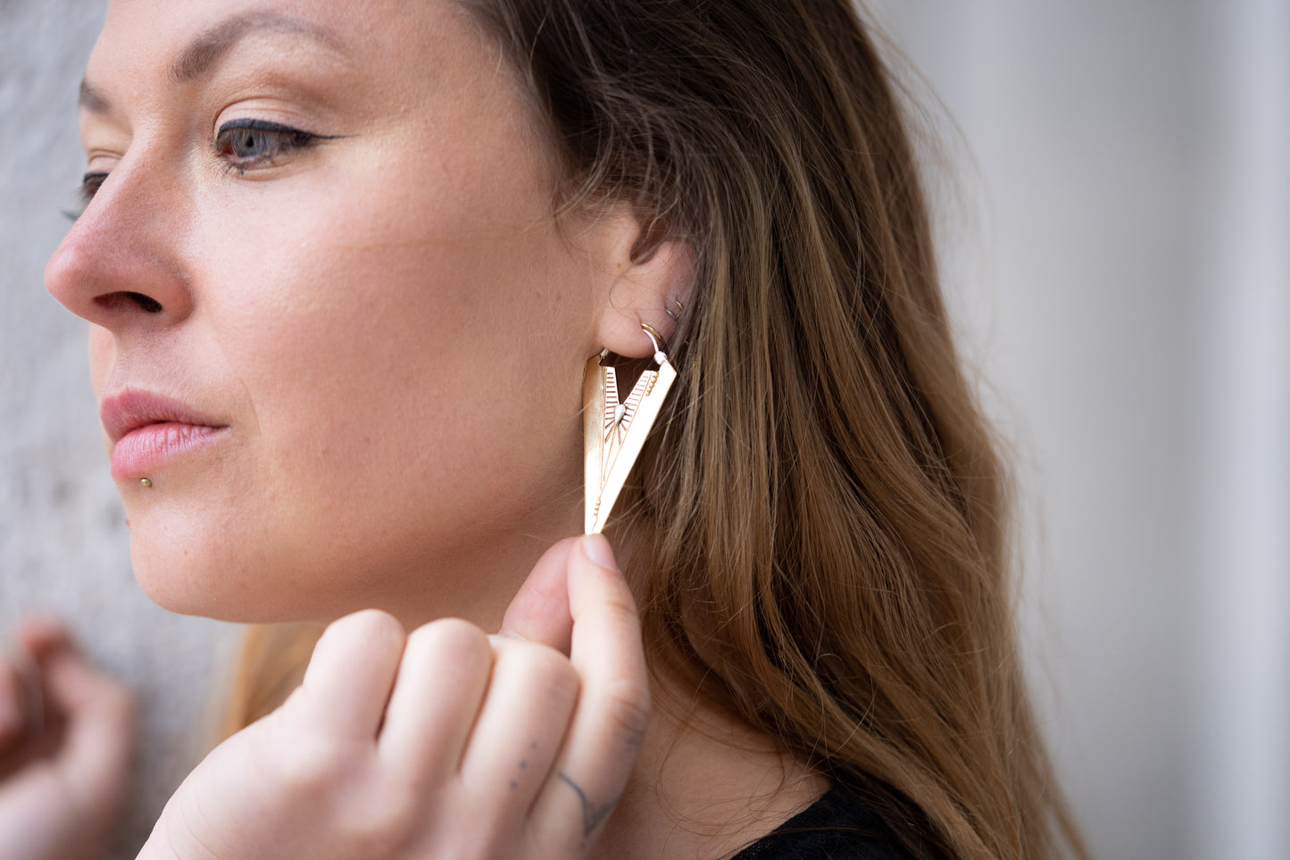 Smaller detailed Hoop Earrings with Decoration - Triangle, Rhombus - Brass and Silver