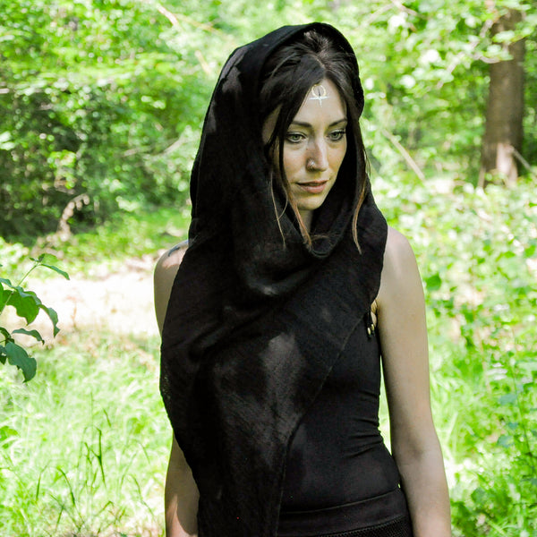 Poncho, Hood, Scarf - Asymmetrical Cut, with Long Pointy Ends – black