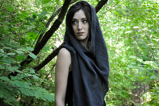 Poncho, Hood, Scarf - Asymmetrical Cut, with Long Pointy Ends - gray