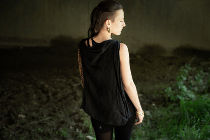 Summer Poncho - Cape, Shawl - with Waterfall Neckline and Knitted Look - black