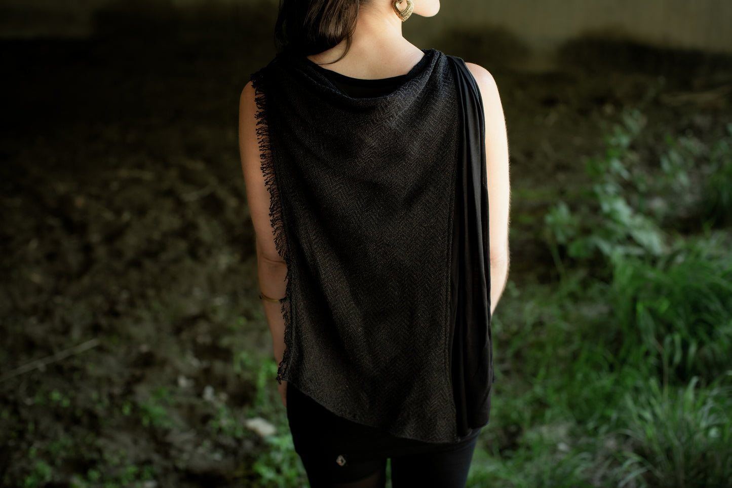 Summer Poncho - Cape, Shawl - with Waterfall Neckline and Knitted Look - black