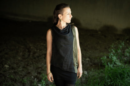 Summer Poncho - Cape, Shawl - with Waterfall Neckline and Knitted Look - black-olive green