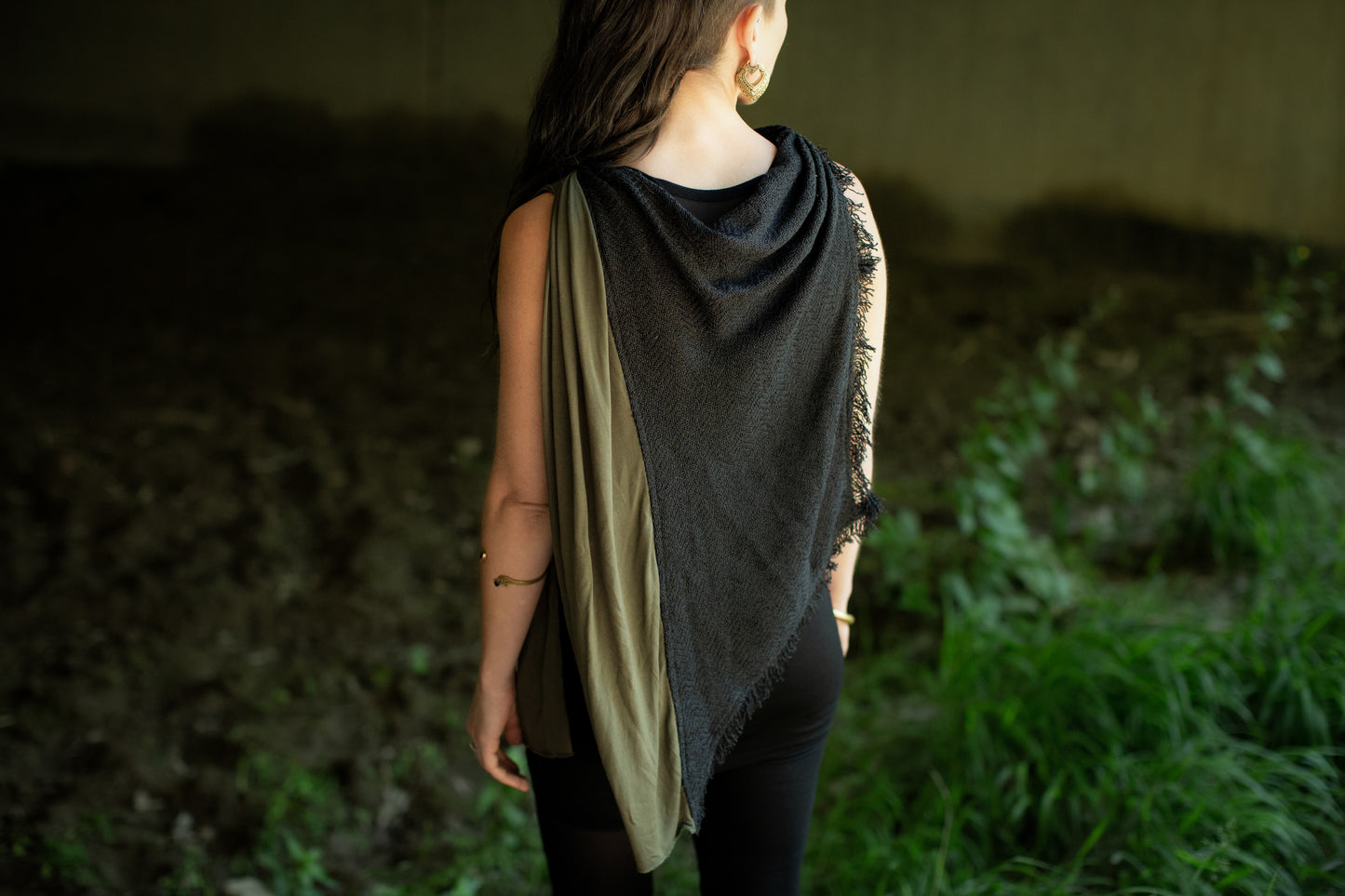 Summer Poncho - Cape, Shawl - with Waterfall Neckline and Knitted Look - black-olive green